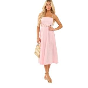 Heyson Women's Janelle Ric Rac Inset Midi Dress Waist Cutouts Cloud Pink Boho L